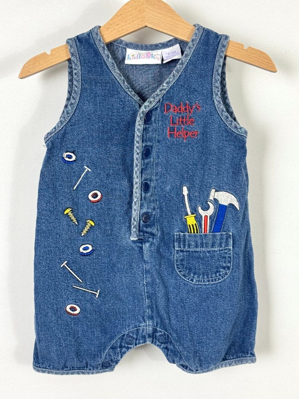 Vtg Denim Baby Romper 6/9M Daddy's Little Helper Embroidered Tools Button Up